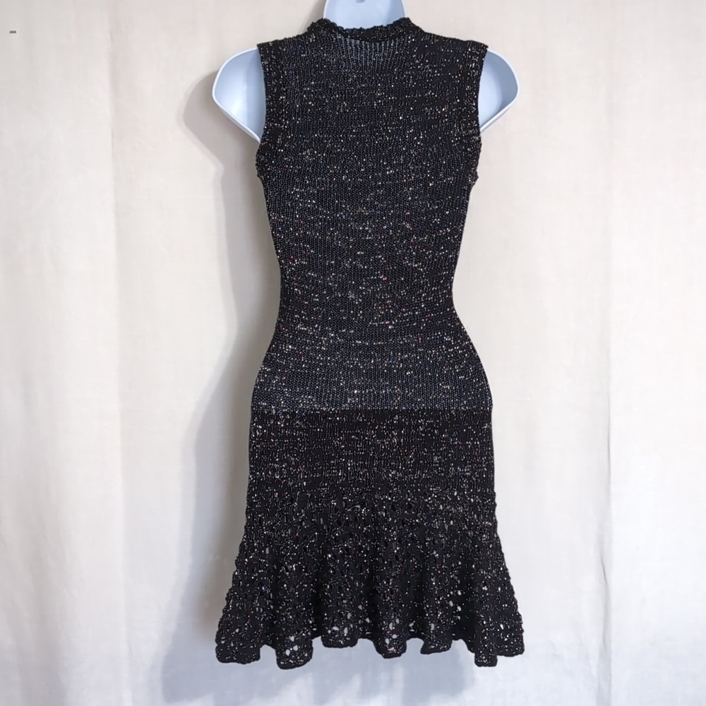 Black Silver Metallic Knit Dress with Pompom Front Vneck Size Medium - Picture 5 of 6